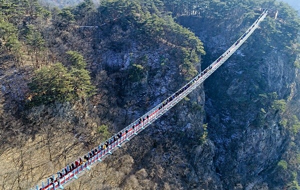 11일 강원도 원주시 간현 국민관광지내 섬강변 소금산(343m)에 100m 높이에 거대한 출렁다리가 개통된 가운데 시민과 등산객들이 다리를 걷고 있다.